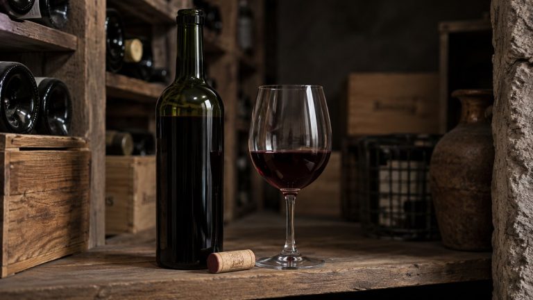 Bouteille de vin rouge entamée rangée debout dans un cellier frais et sombre