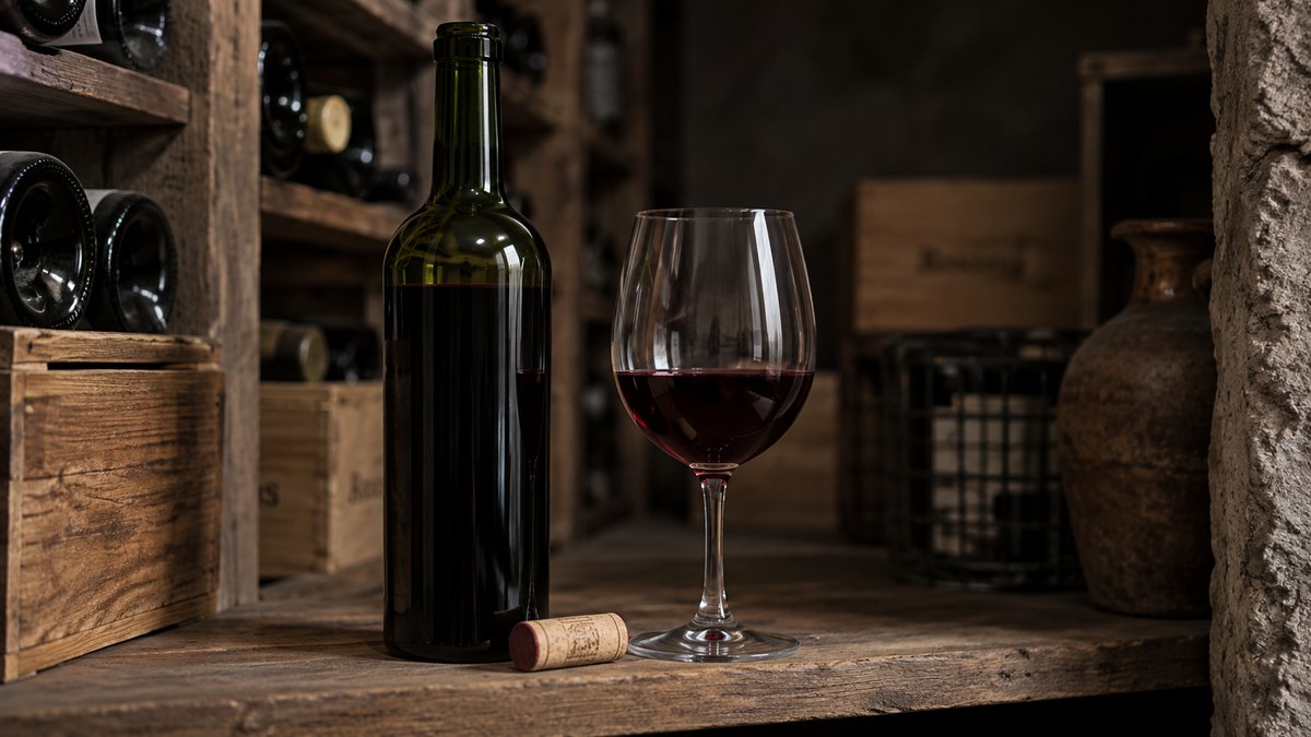 Bouteille de vin rouge entamée rangée debout dans un cellier frais et sombre